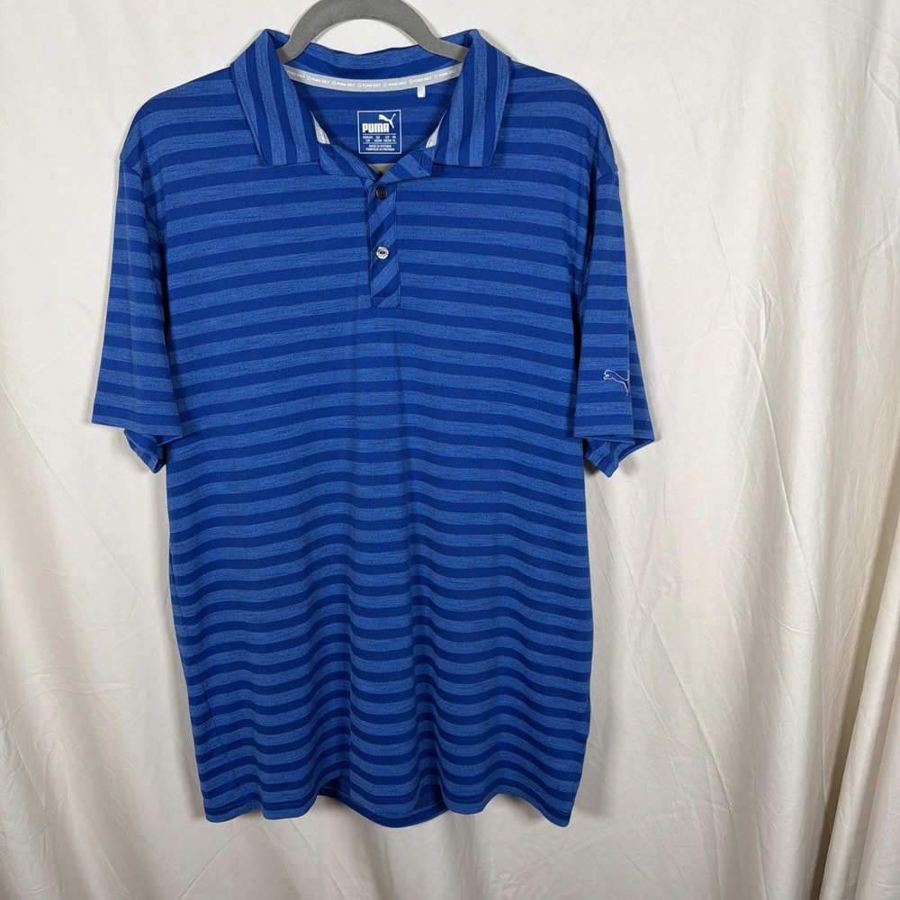 Puma Golf Polo Shirt Men's Large Blue Stripe Performance Short Sleeve‎